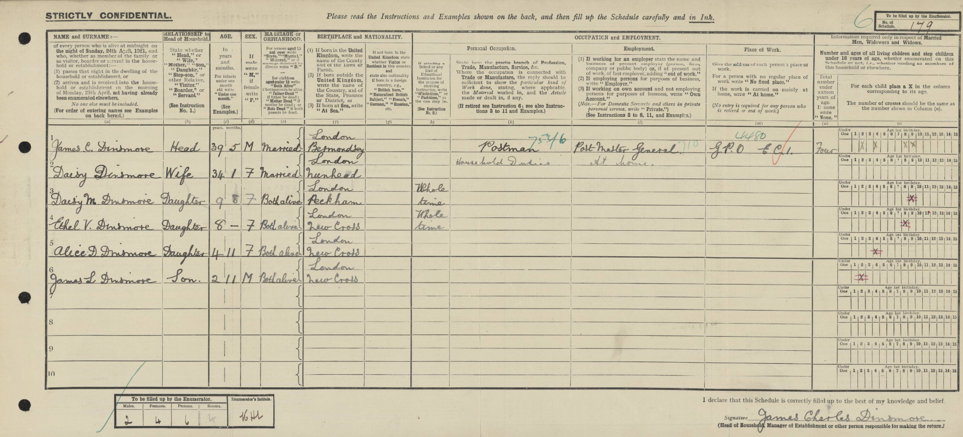 Dinsmore family 1921 census record, 6 Atkinson Street, Deptford